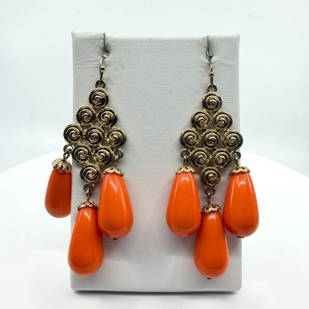 Gold Tone Spiral Dangle Earrings with Bright Orange Teardrop Accents